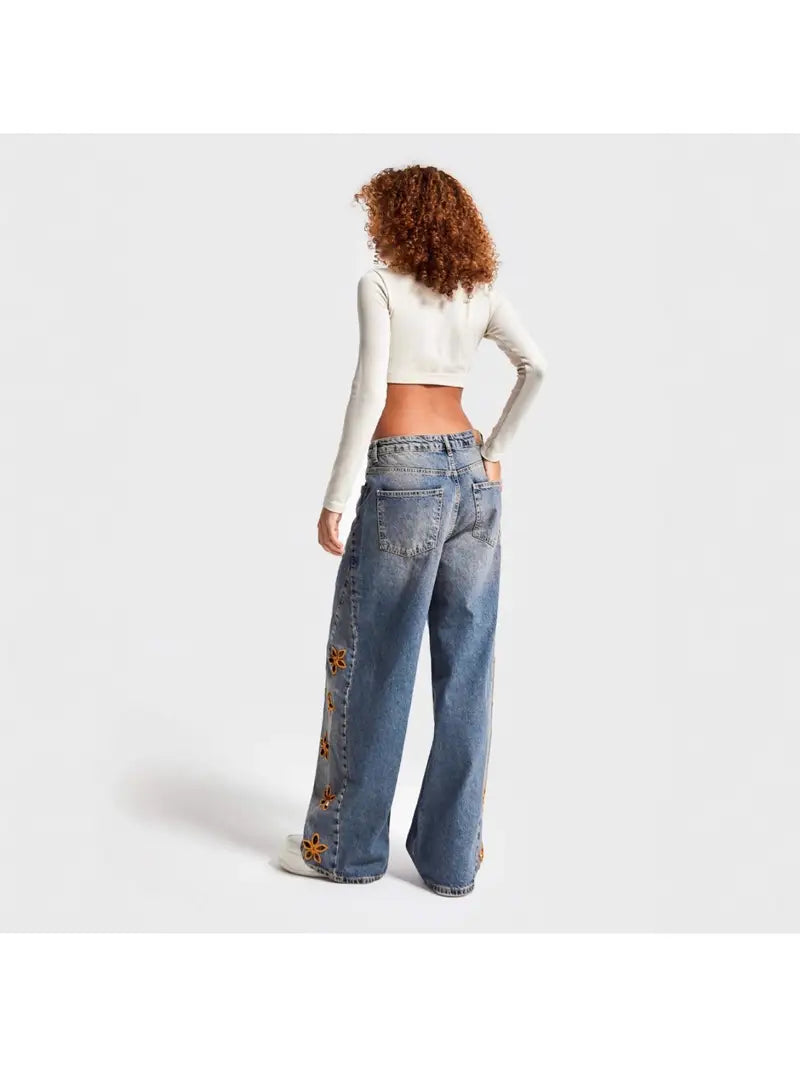 Women'S High-Waisted Loose-Fit Floral Print Jeans - Light Wash Blue Denim Pants with Beltless Design