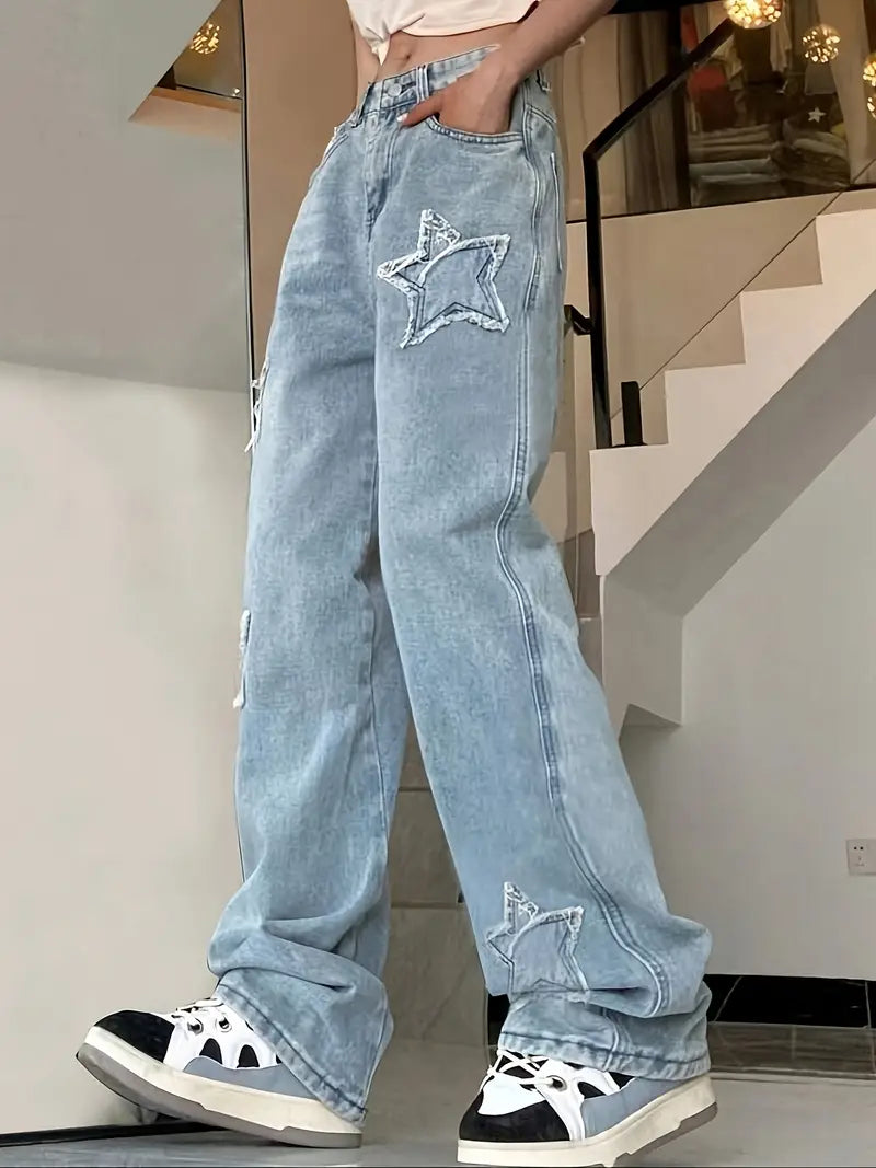Women'S High-Waisted Light Blue Distressed Star-Embellished Denim Flare Jeans