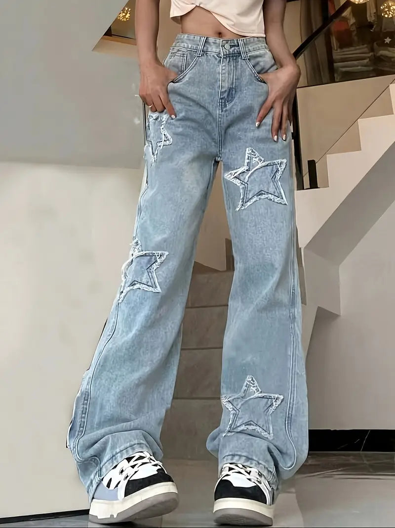 Women'S High-Waisted Light Blue Distressed Star-Embellished Denim Flare Jeans