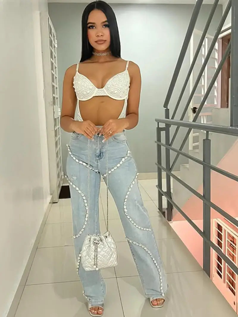 Women'S High-Waist Denim Jeans with Sparkling Rhinestone Stitching