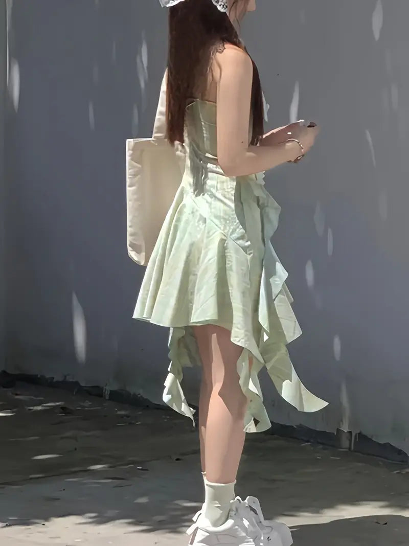 Mint Green Mandarin Strap Asymmetrical Dress - Chic Floral Print, Brief Length, Layered Ruffle Hem, Sleeveless