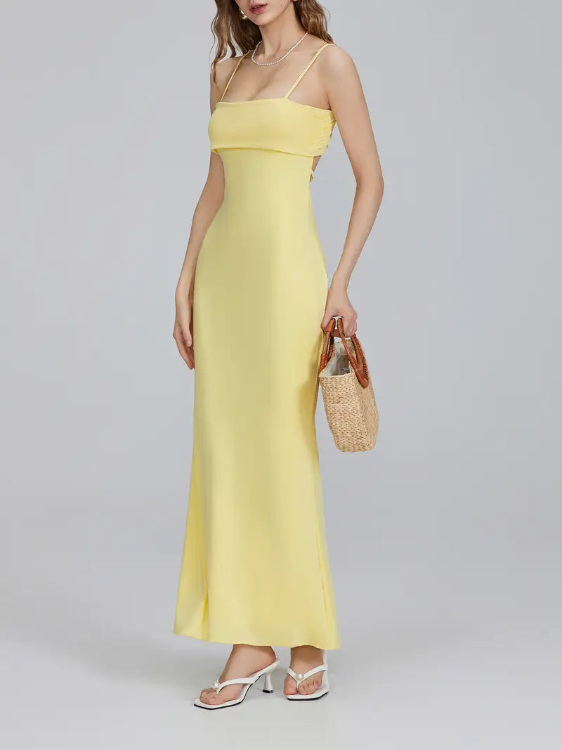 Sleek Appeal, Women's Elegant Spaghetti Strap Maxi Dress - Slim Fit, Square Neckline, Backless Design