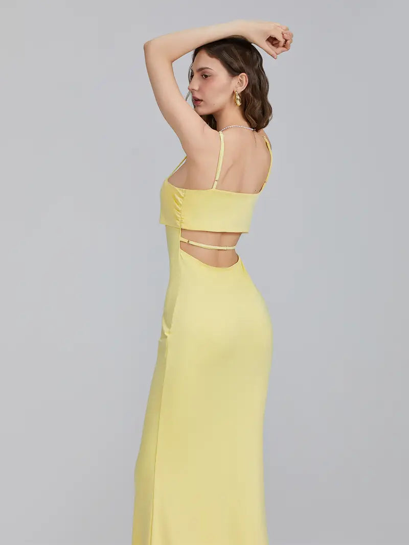 Sleek Appeal, Women's Elegant Spaghetti Strap Maxi Dress - Slim Fit, Square Neckline, Backless Design