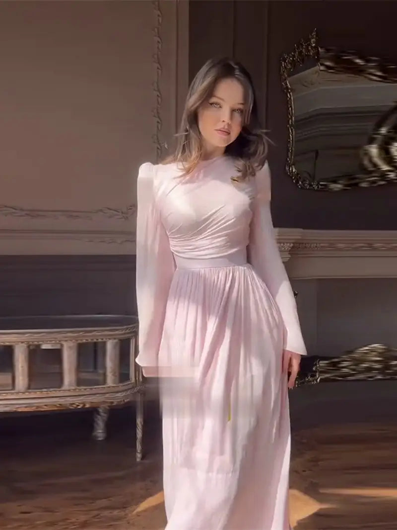 Women's Slim Fit Long Sleeve Pleated Elegant Dress, Elegant Outfit, Evening Dress