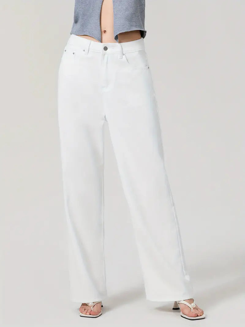 1pc Women'S Casual Wide Leg Jeans - Cotton Blend, Solid Color, All-Season, Woven, Raw Wash, Low Waist with Bow Detail