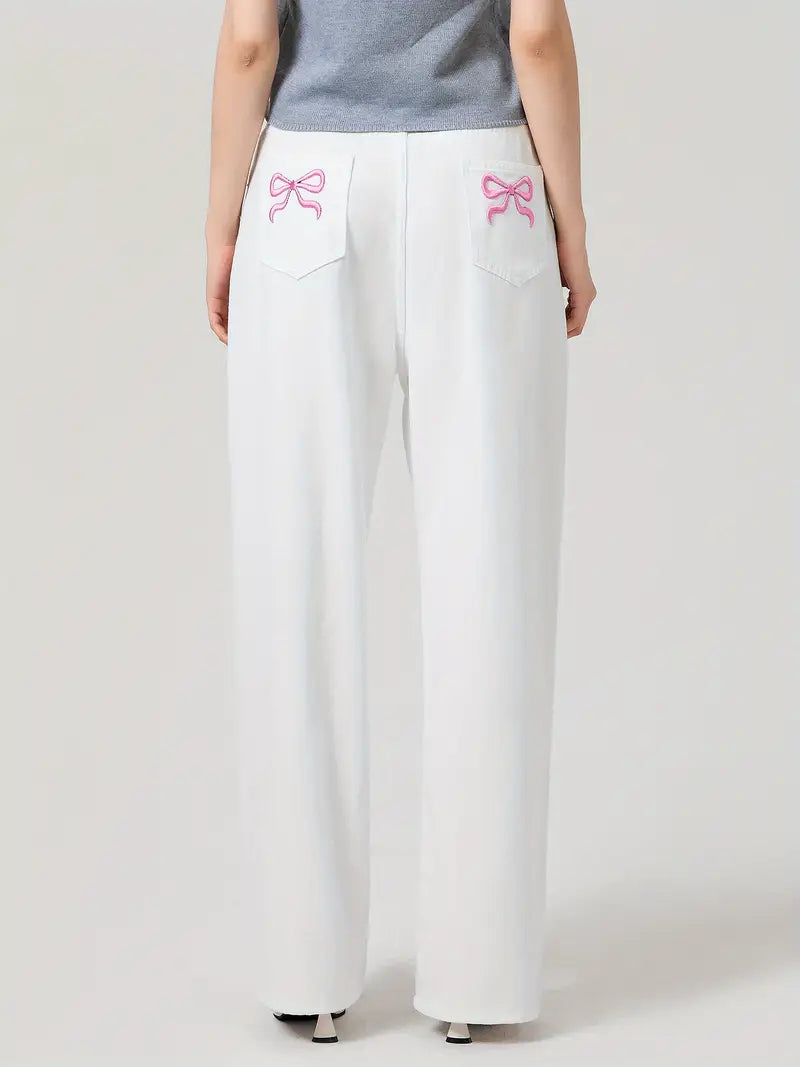 1pc Women'S Casual Wide Leg Jeans - Cotton Blend, Solid Color, All-Season, Woven, Raw Wash, Low Waist with Bow Detail