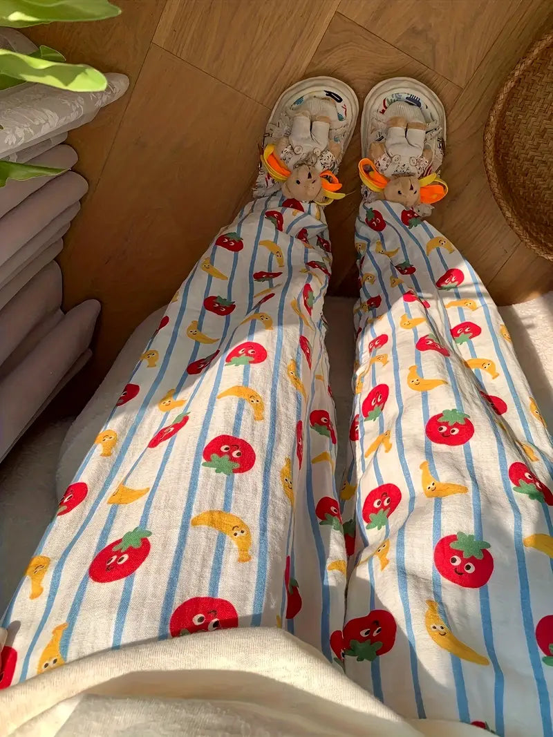 Women'S Sleeping Pants, Waistwide-leg Pants, Pajamas With Stripes And Elastic