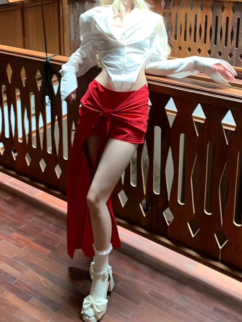 Women'S Sexy Low-Rise A-Line Skirt with Asymmetrical Hem & Red Bow Detail