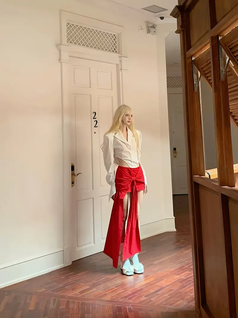Women'S Sexy Low-Rise A-Line Skirt with Asymmetrical Hem & Red Bow Detail