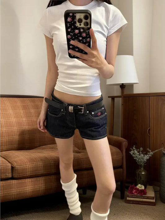 Vintage Washed Blue Denim Shorts - Sexy Low-Rise Slim Fit Hot Pants, Non-See-Through Fabric for Casual and Formal Outfits