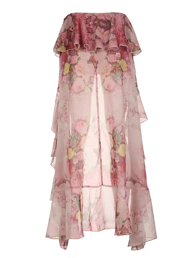 Women'S Elegant Floral maxi skirt - Flowy long skirt with layered ruffle hem,for Beach, Party, Everyday