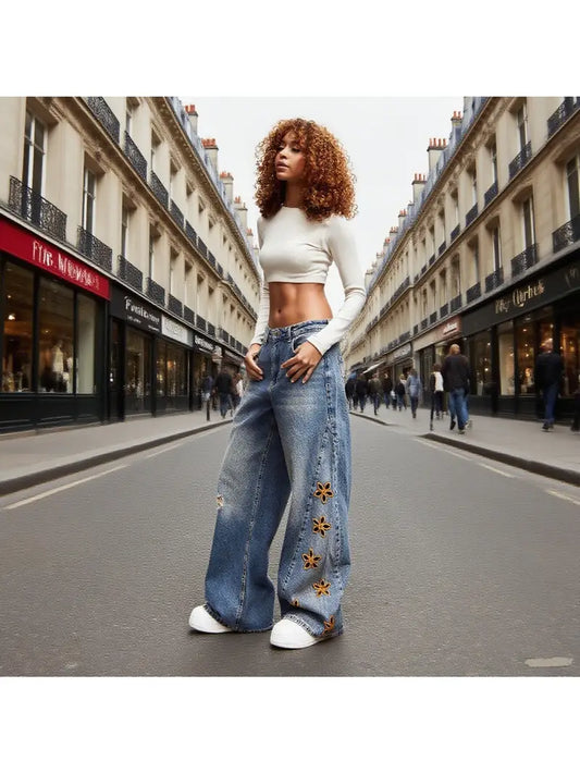 Women'S High-Waisted Loose-Fit Floral Print Jeans - Light Wash Blue Denim Pants with Beltless Design
