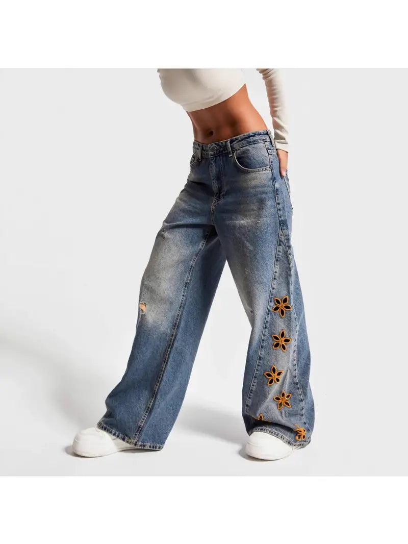 Women'S High-Waisted Loose-Fit Floral Print Jeans - Light Wash Blue Denim Pants with Beltless Design