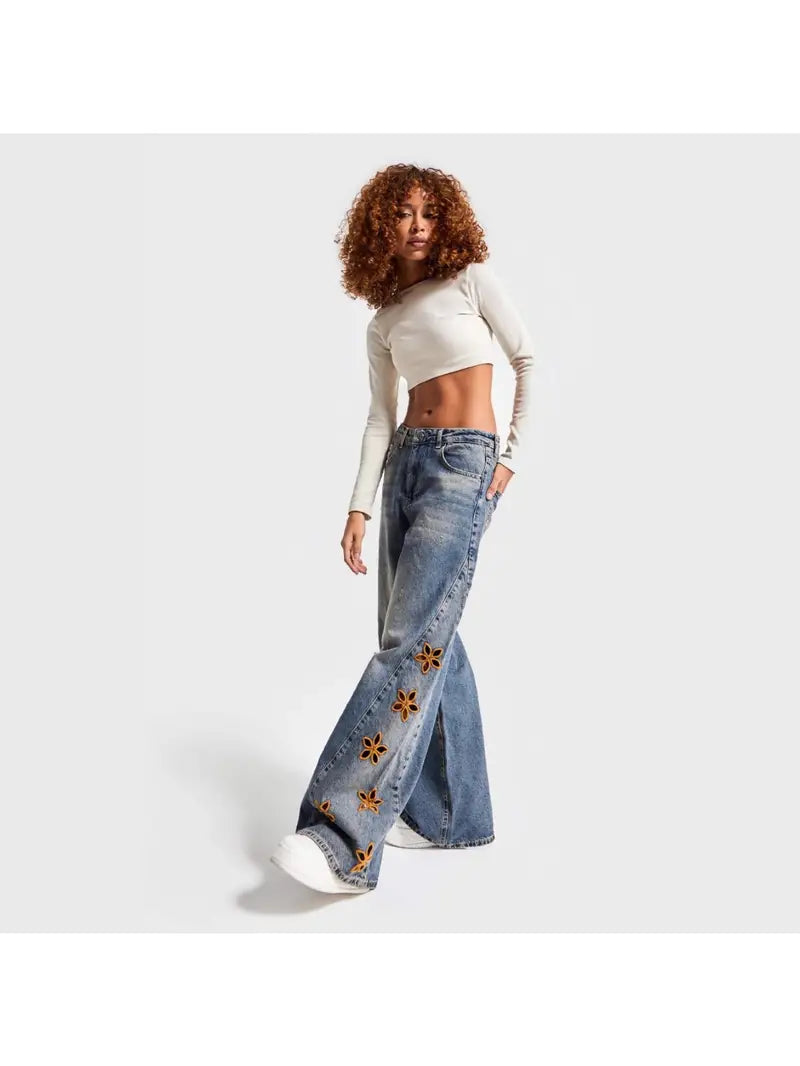 Women'S High-Waisted Loose-Fit Floral Print Jeans - Light Wash Blue Denim Pants with Beltless Design