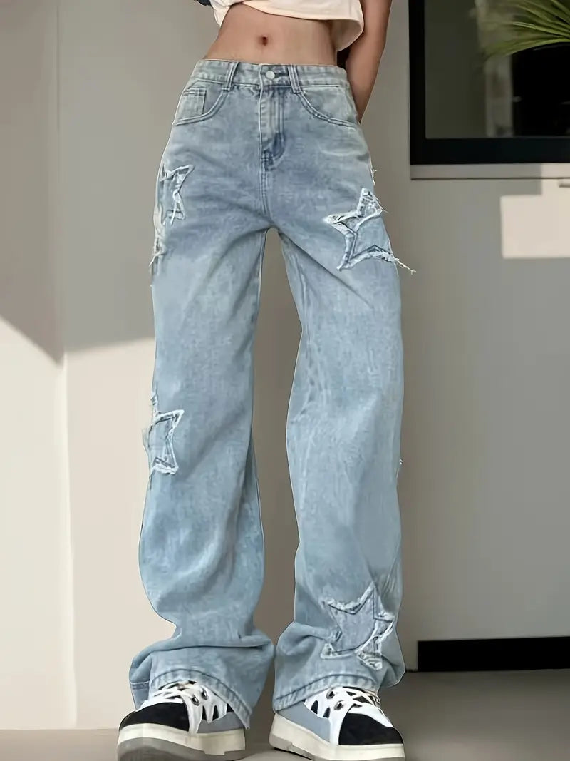 Women'S High-Waisted Light Blue Distressed Star-Embellished Denim Flare Jeans