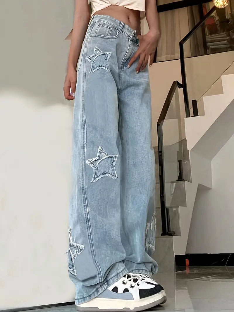 Women'S High-Waisted Light Blue Distressed Star-Embellished Denim Flare Jeans