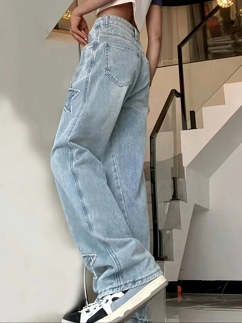 Women'S High-Waisted Light Blue Distressed Star-Embellished Denim Flare Jeans