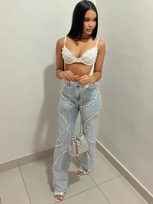 Women'S High-Waist Denim Jeans with Sparkling Rhinestone Stitching
