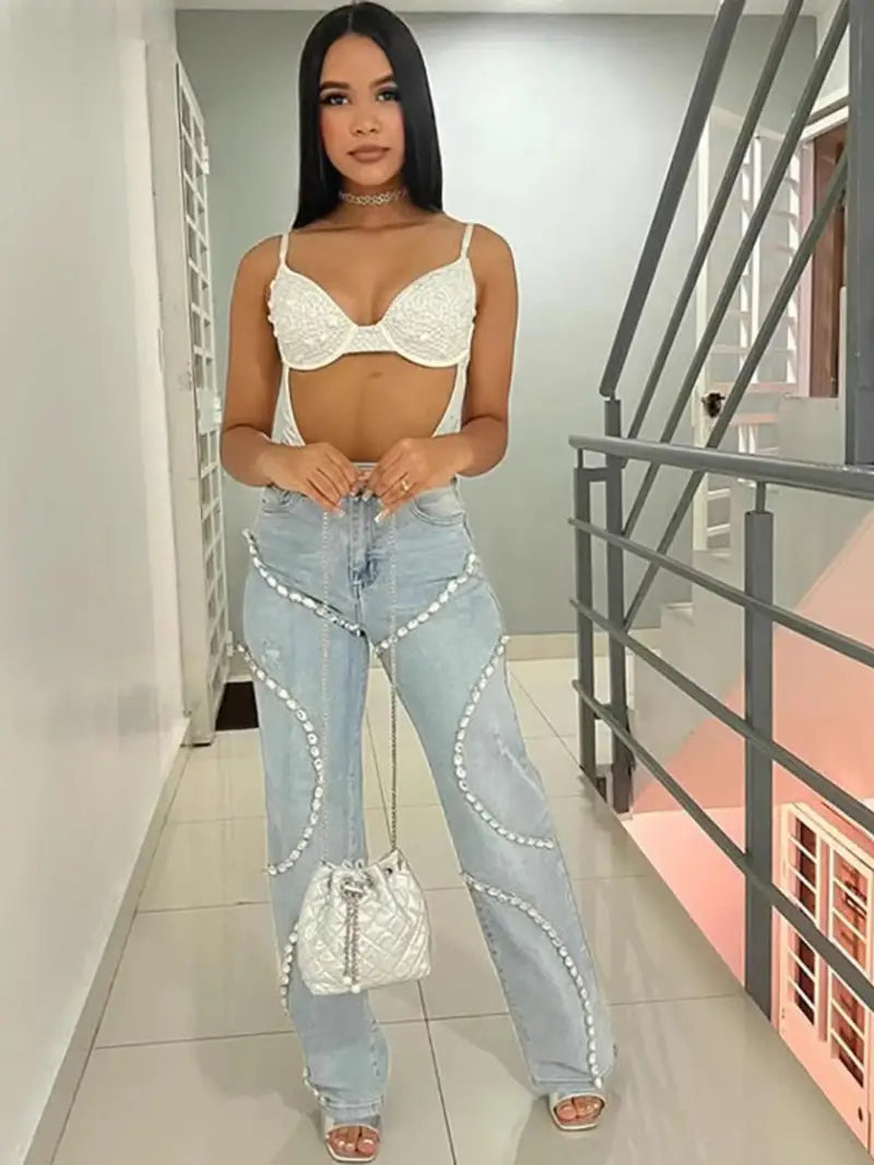 Women'S High-Waist Denim Jeans with Sparkling Rhinestone Stitching