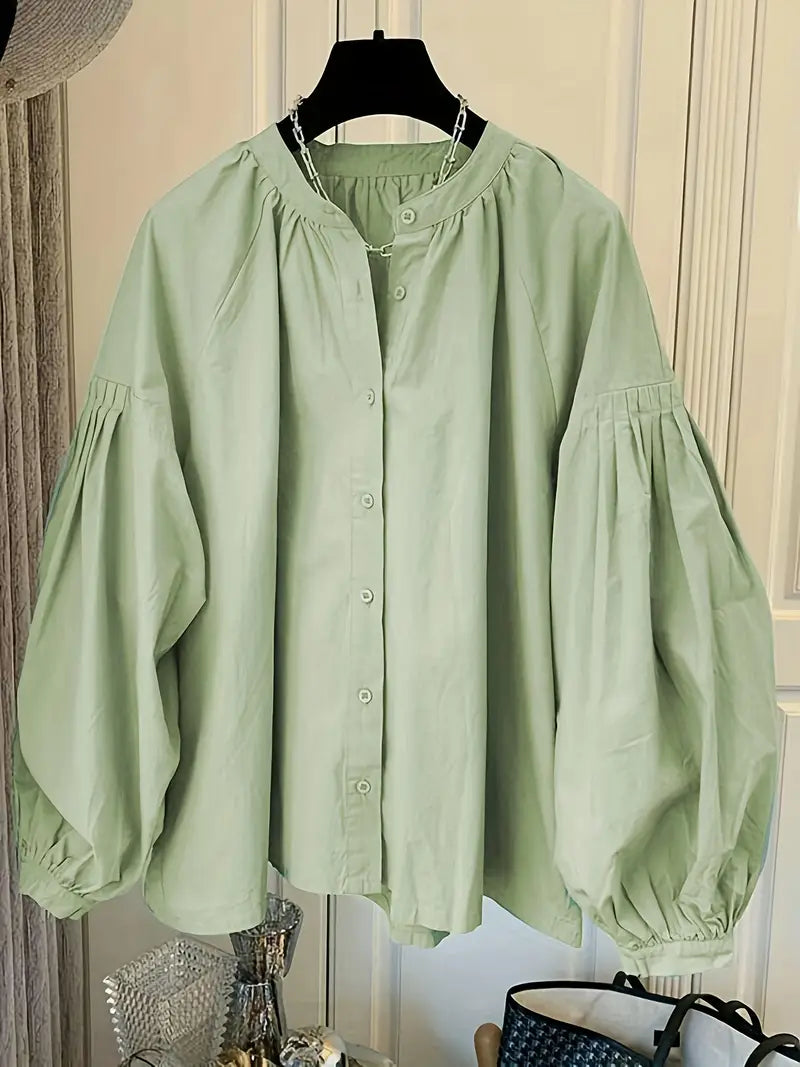 1pc Women's 100% Rayon Casual Shirt - Elegant Loose Fit Lantern Sleeve Top with Cardigan Collar & Button Front