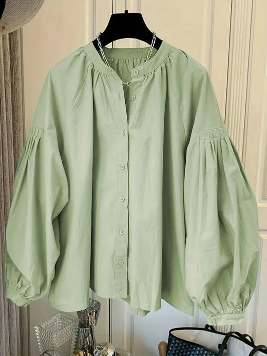 1pc Women's 100% Rayon Casual Shirt - Elegant Loose Fit Lantern Sleeve Top with Cardigan Collar & Button Front