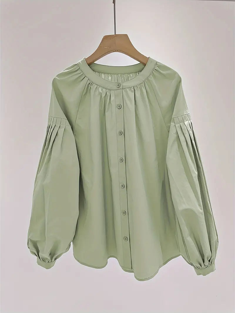 1pc Women's 100% Rayon Casual Shirt - Elegant Loose Fit Lantern Sleeve Top with Cardigan Collar & Button Front