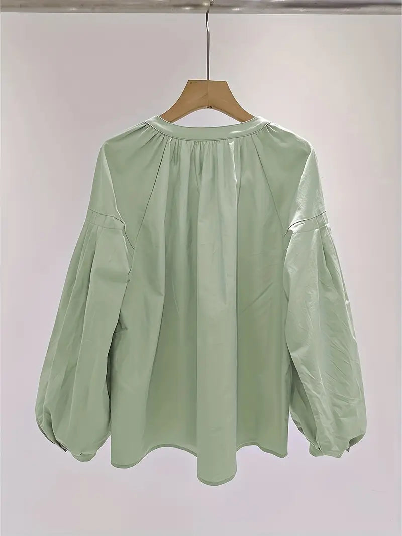 1pc Women's 100% Rayon Casual Shirt - Elegant Loose Fit Lantern Sleeve Top with Cardigan Collar & Button Front