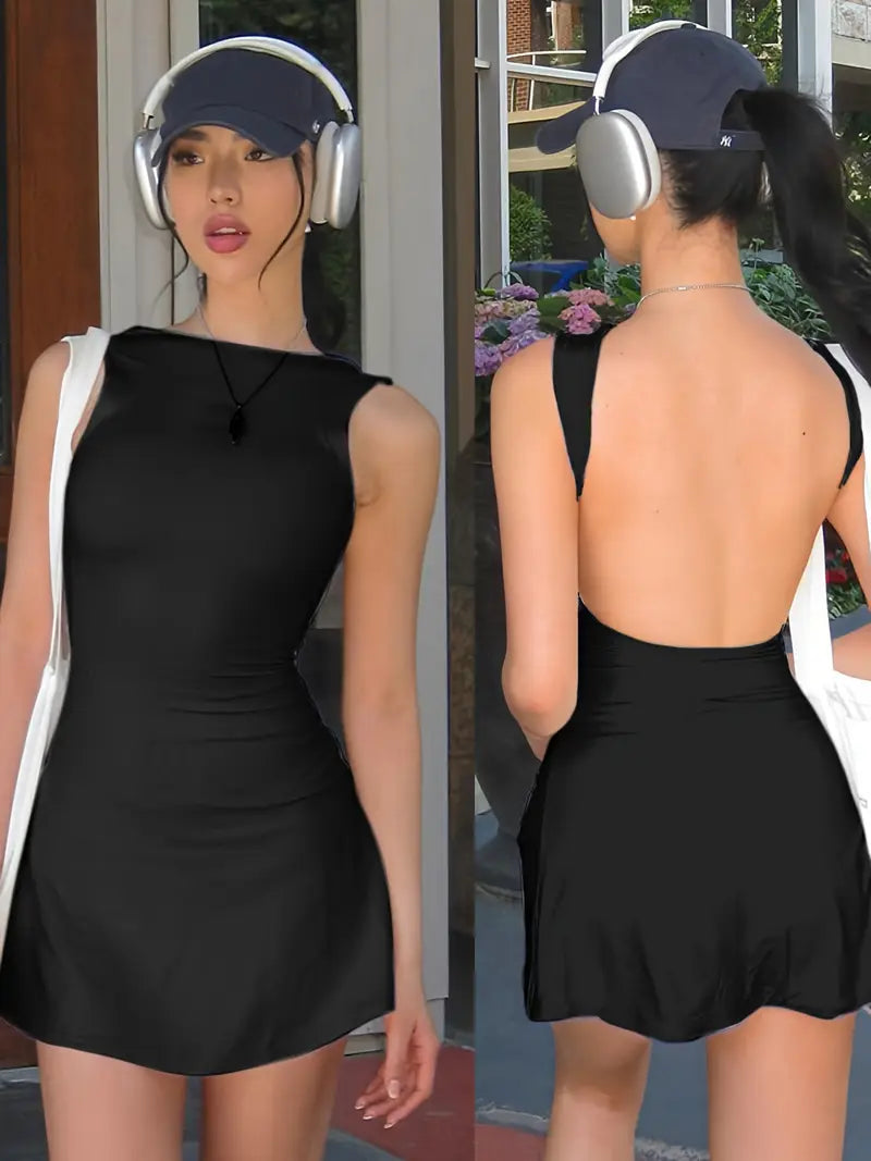 Women's Chic Backless Peplum Dress - 100% Polyester Knit Fabric