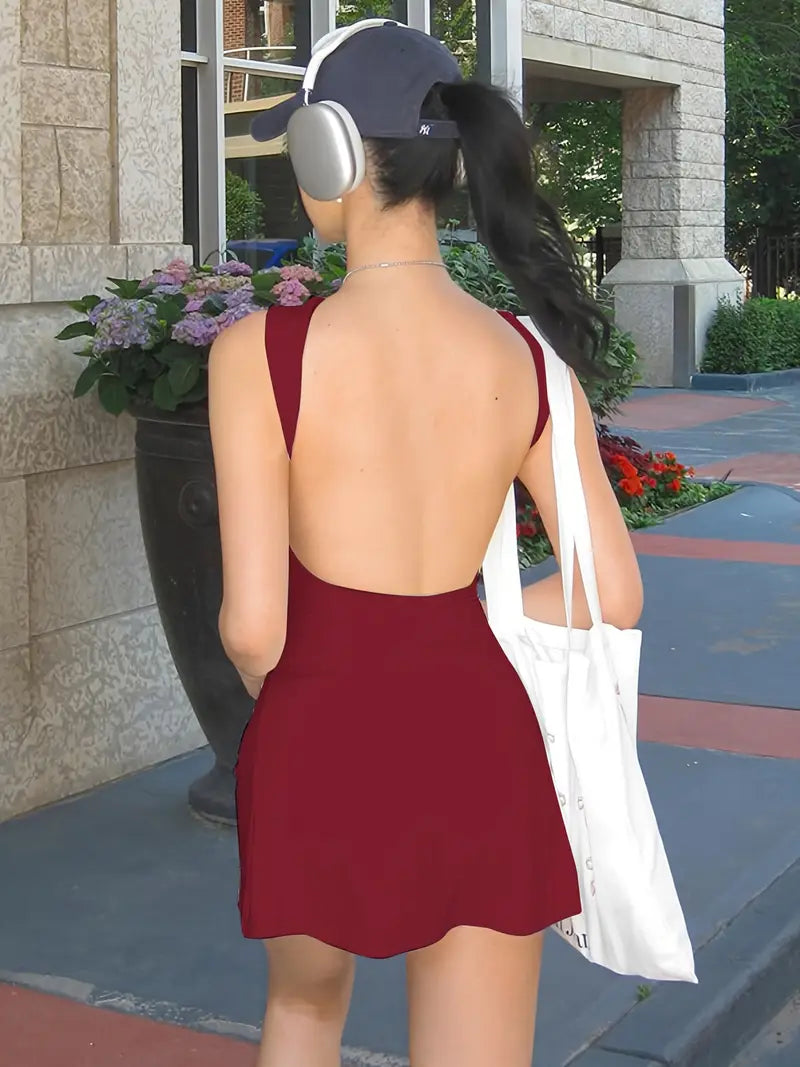 Women's Chic Backless Peplum Dress - 100% Polyester Knit Fabric