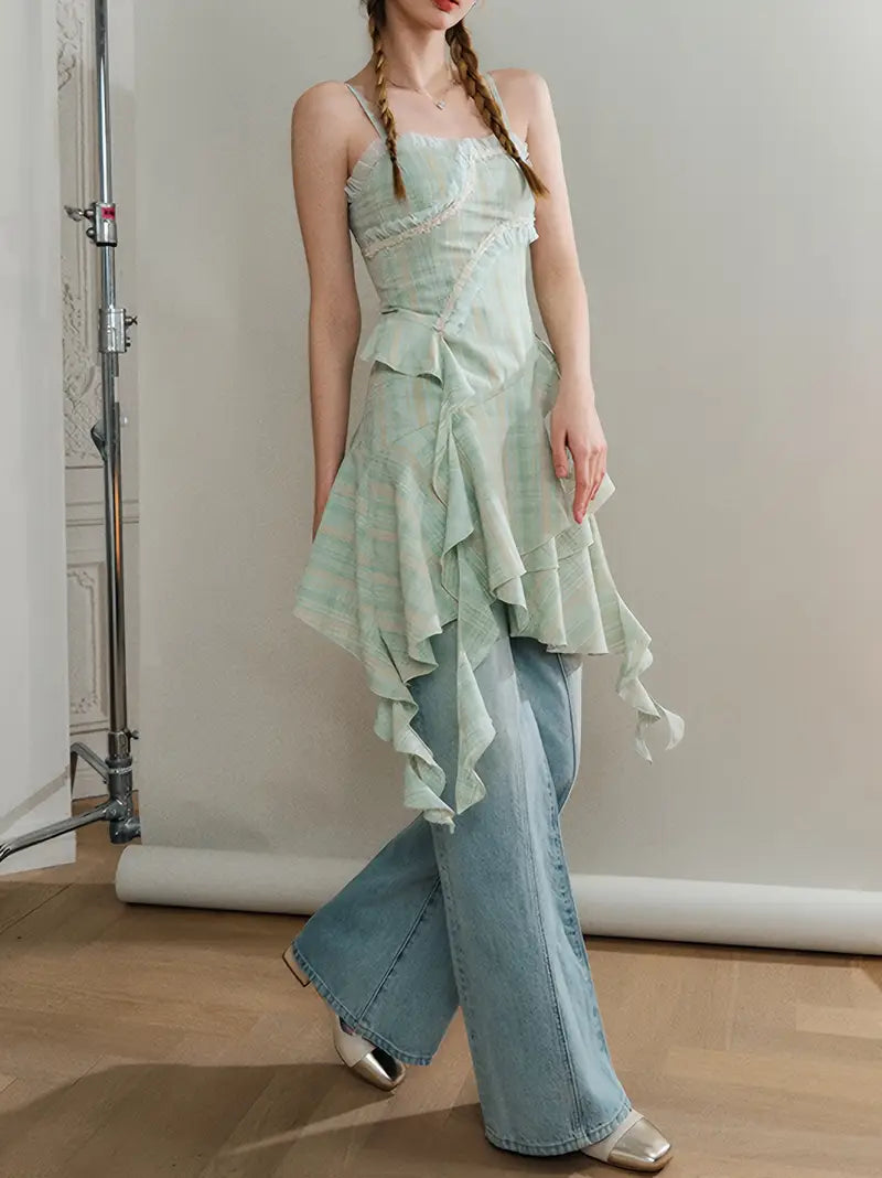 Mint Green Mandarin Strap Asymmetrical Dress - Chic Floral Print, Brief Length, Layered Ruffle Hem, Sleeveless