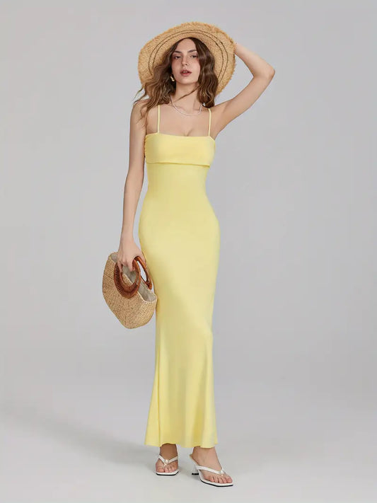 Sleek Appeal, Women's Elegant Spaghetti Strap Maxi Dress - Slim Fit, Square Neckline, Backless Design