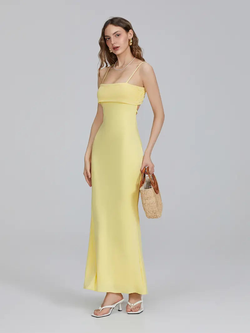 Sleek Appeal, Women's Elegant Spaghetti Strap Maxi Dress - Slim Fit, Square Neckline, Backless Design