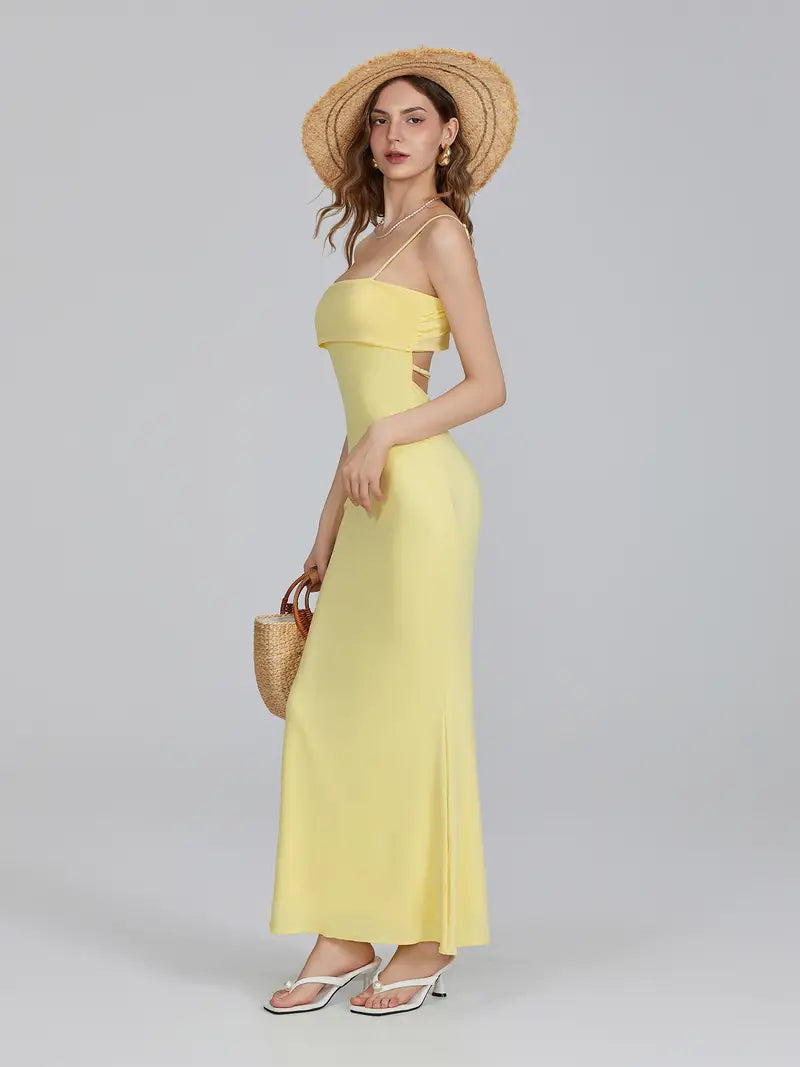 Sleek Appeal, Women's Elegant Spaghetti Strap Maxi Dress - Slim Fit, Square Neckline, Backless Design