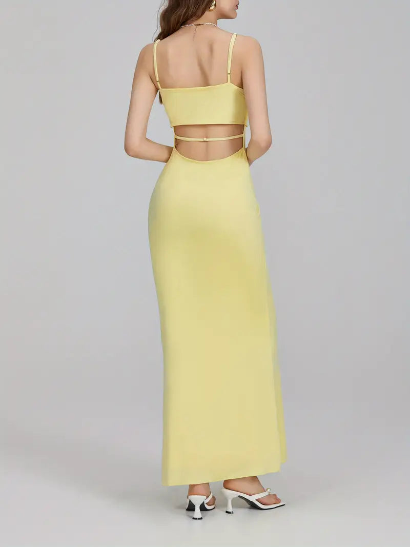 Sleek Appeal, Women's Elegant Spaghetti Strap Maxi Dress - Slim Fit, Square Neckline, Backless Design