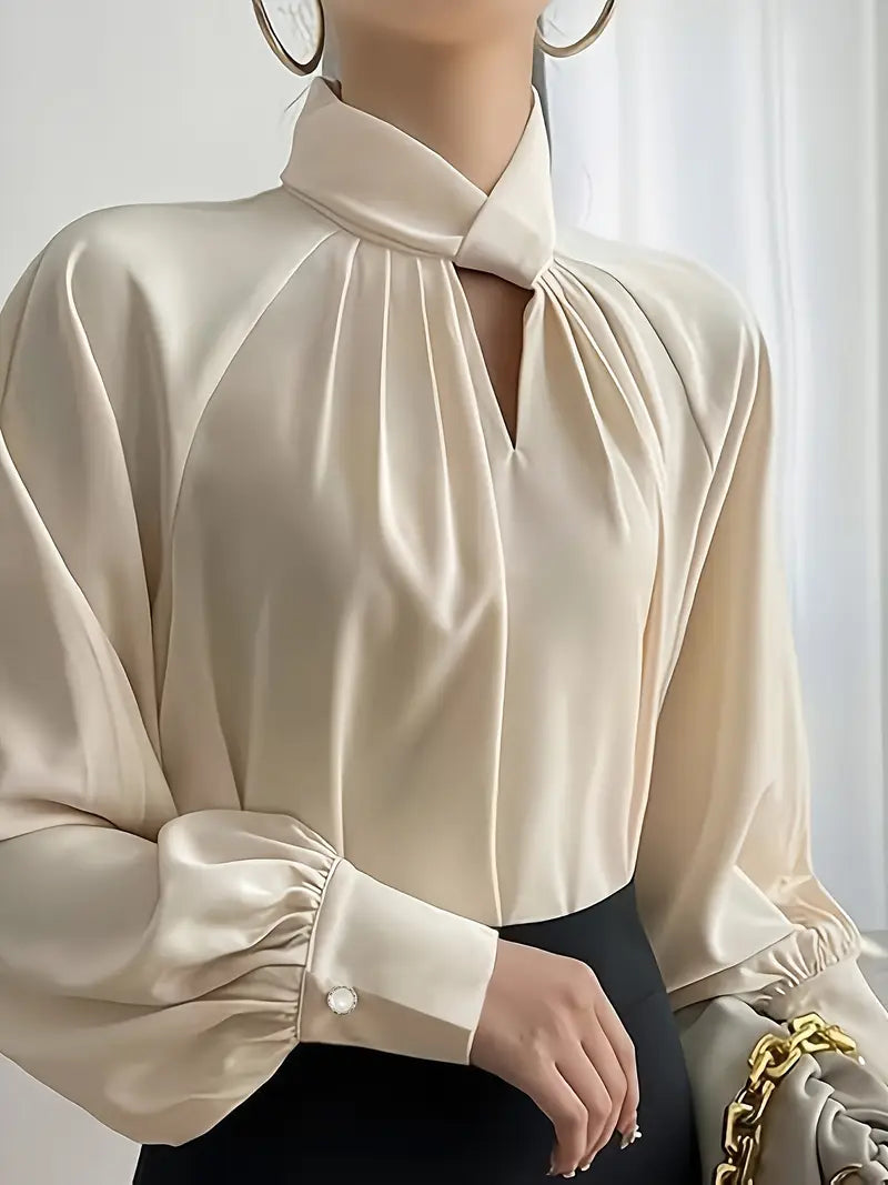 Elegant Pile Collar Solid Color Shirt, Polyester Fiber, Fashion Ruched Design Elegant Top
