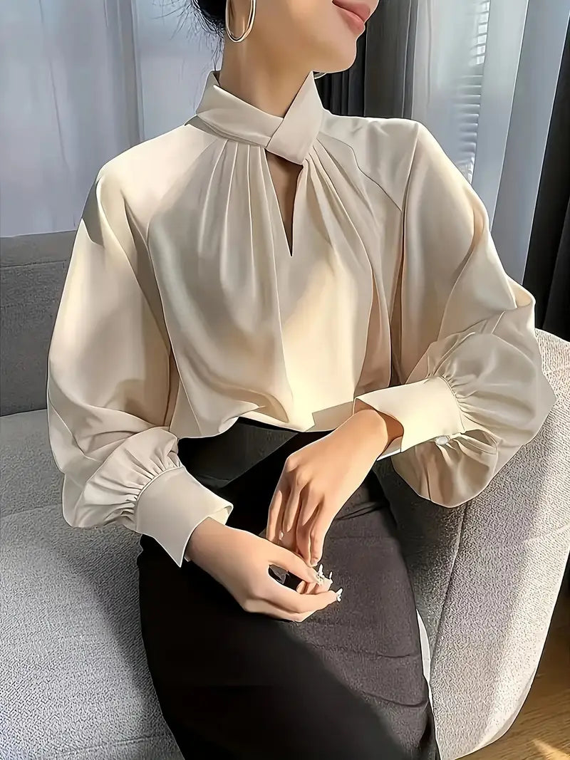 Elegant Pile Collar Solid Color Shirt, Polyester Fiber, Fashion Ruched Design Elegant Top