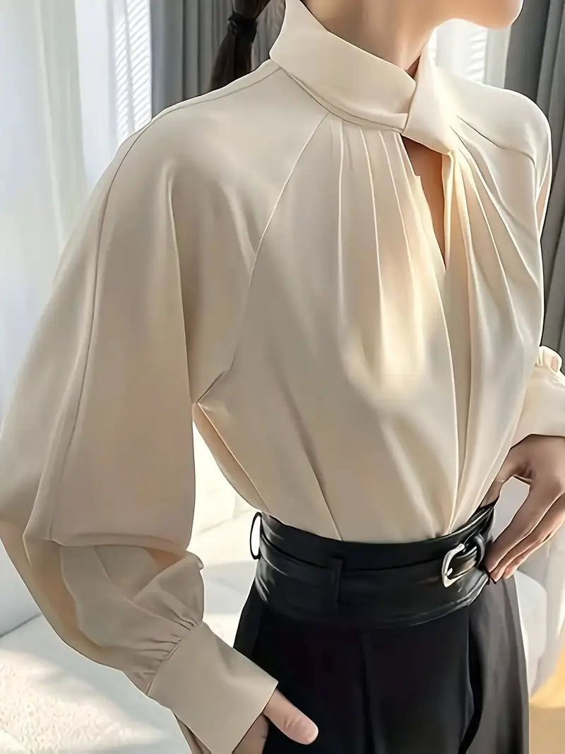 Elegant Pile Collar Solid Color Shirt, Polyester Fiber, Fashion Ruched Design Elegant Top