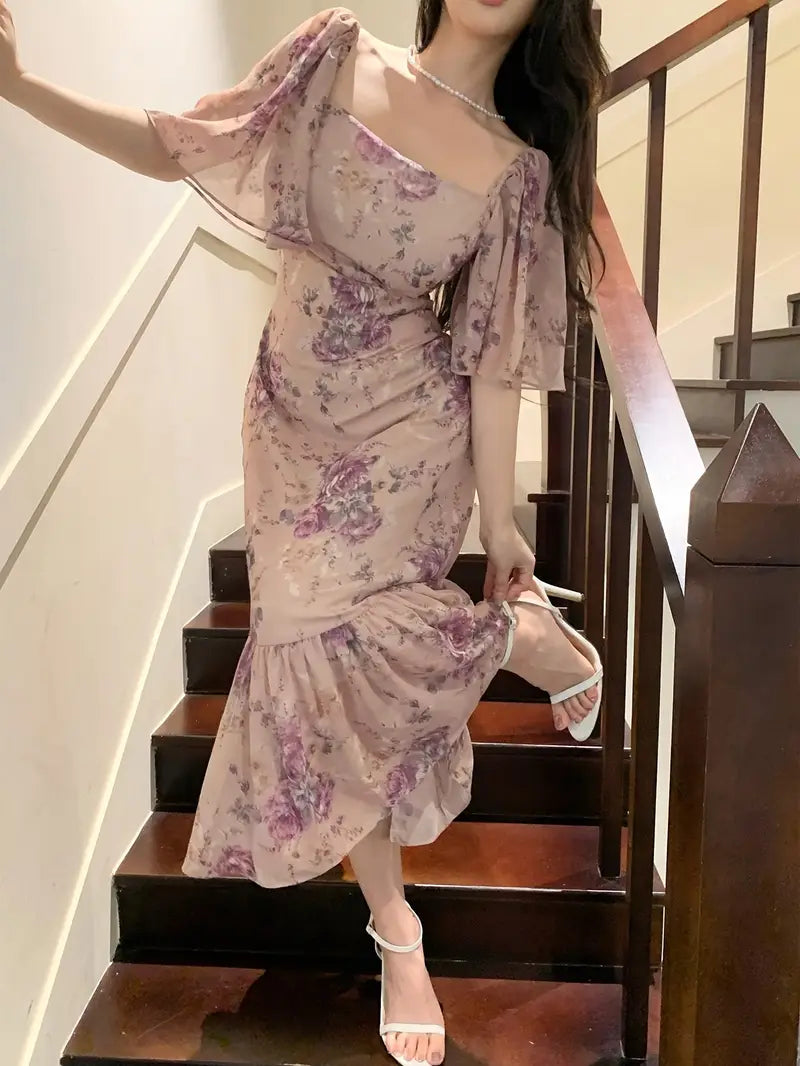 2025 Summer French-Inspired Floral Print Square Neck Dress - Elegant Fitted Sleeve with Back Tie Detail, Lightweight Non-Stretch Fabric
