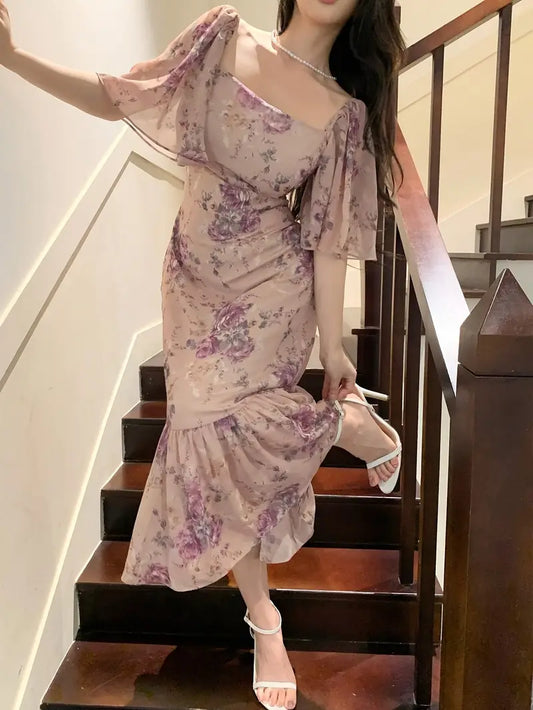 2025 Summer French-Inspired Floral Print Square Neck Dress - Elegant Fitted Sleeve with Back Tie Detail, Lightweight Non-Stretch Fabric