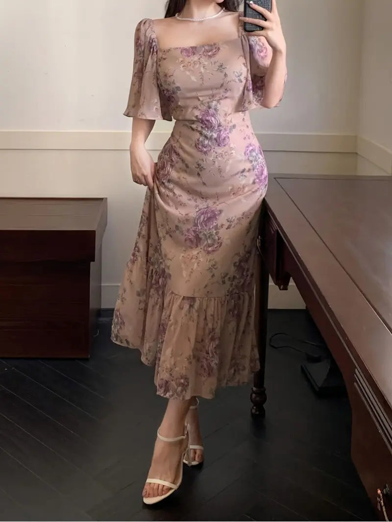 2025 Summer French-Inspired Floral Print Square Neck Dress - Elegant Fitted Sleeve with Back Tie Detail, Lightweight Non-Stretch Fabric