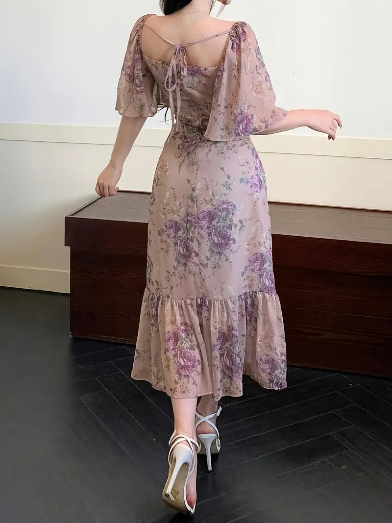 2025 Summer French-Inspired Floral Print Square Neck Dress - Elegant Fitted Sleeve with Back Tie Detail, Lightweight Non-Stretch Fabric
