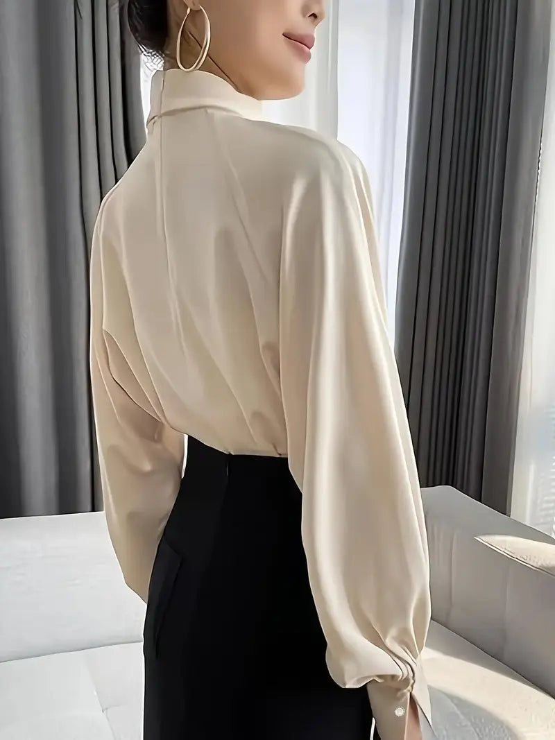 Elegant Pile Collar Solid Color Shirt, Polyester Fiber, Fashion Ruched Design Elegant Top