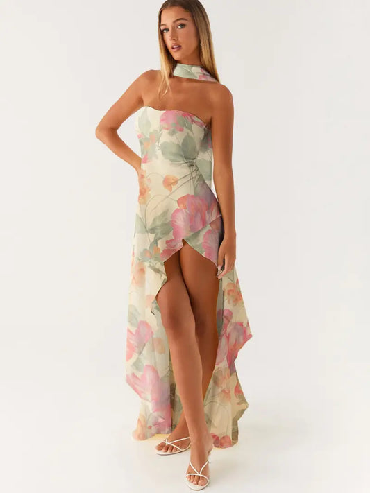 Women's Elegant Asymmetrical High-Low Ruffled Hem Floor-Length Tube Dress with Scarf - Sleeveless