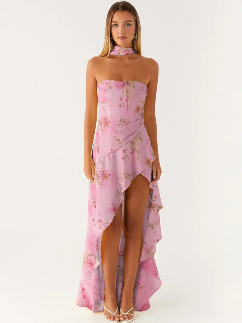 Women's Elegant Asymmetrical High-Low Ruffled Hem Floor-Length Tube Dress with Scarf - Sleeveless