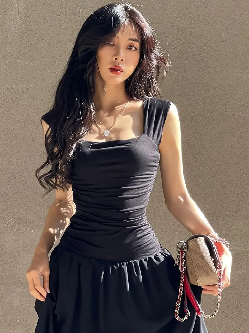 American Style Summer Dress - Tulle Spaghetti Strap Square Neckline, Cinched Waist and Pleated Flared Skirt, Casual Solid Color Machine Washable
