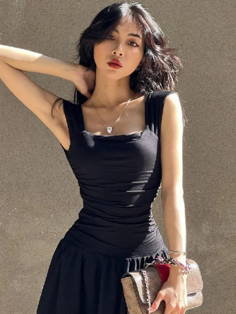 American Style Summer Dress - Tulle Spaghetti Strap Square Neckline, Cinched Waist and Pleated Flared Skirt, Casual Solid Color Machine Washable