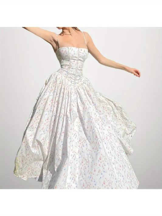 Women'S Elegant Floral Maxi Dress - Spaghetti Strap Formal & casual party Wedding Guest gown, Flowy Chiffon Evening Dress for Women