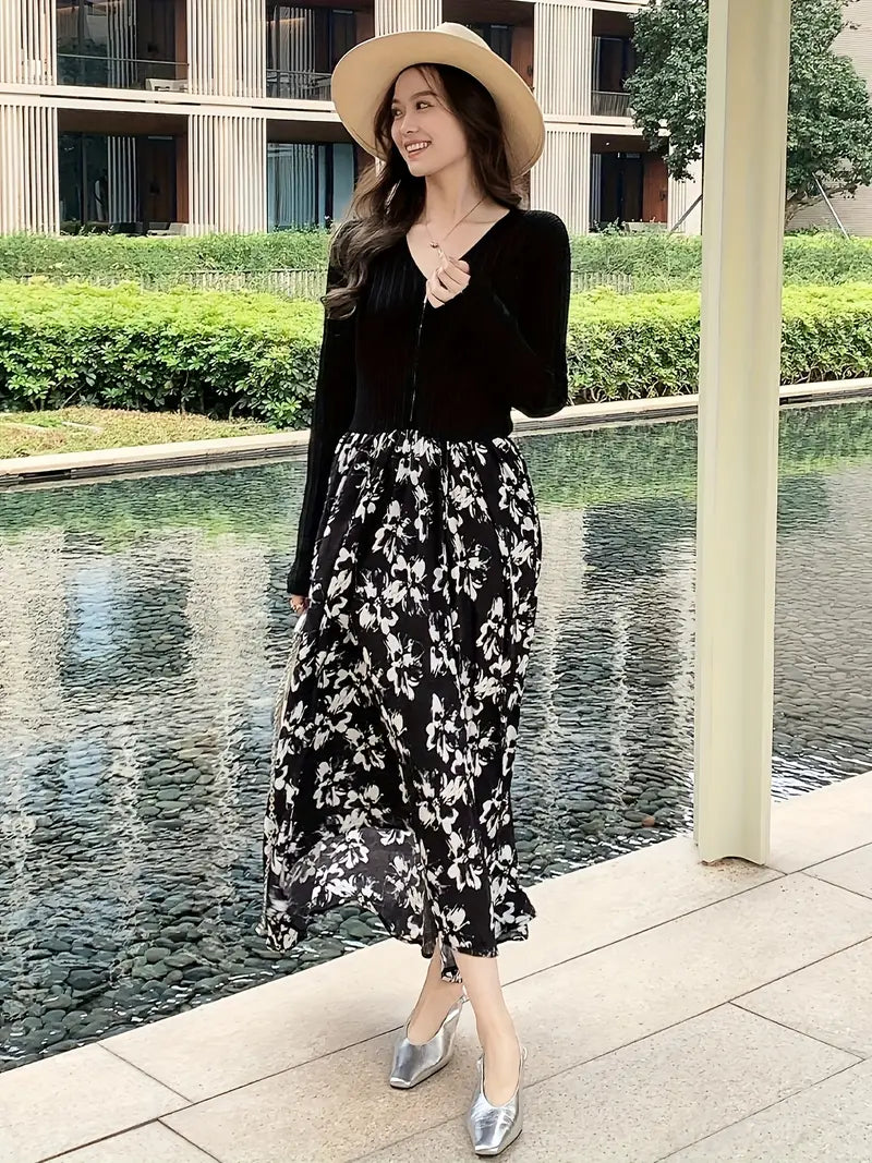 Elegant Floral Midi Dress - V-Neck, Long Sleeve, Pleated Design with Black and White Floral Pattern