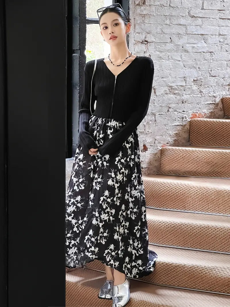 Elegant Floral Midi Dress - V-Neck, Long Sleeve, Pleated Design with Black and White Floral Pattern