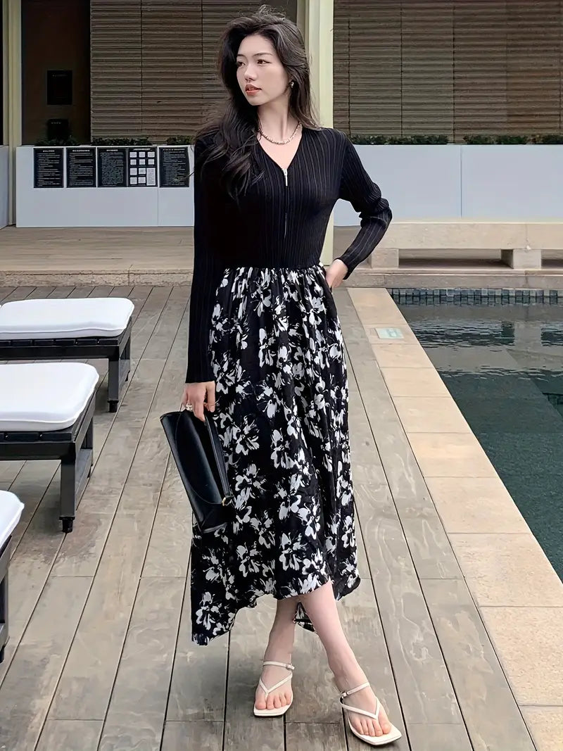 Elegant Floral Midi Dress - V-Neck, Long Sleeve, Pleated Design with Black and White Floral Pattern